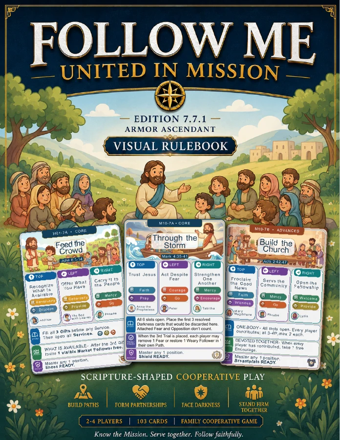FOLLOW ME United in Mission game art with Jesus, followers, and Mission cards
